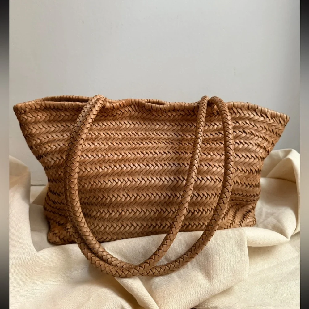 Woven Genuine Leather Tote Bag Tan Minimalist Structured Leather Bag - Picture 1 of 10